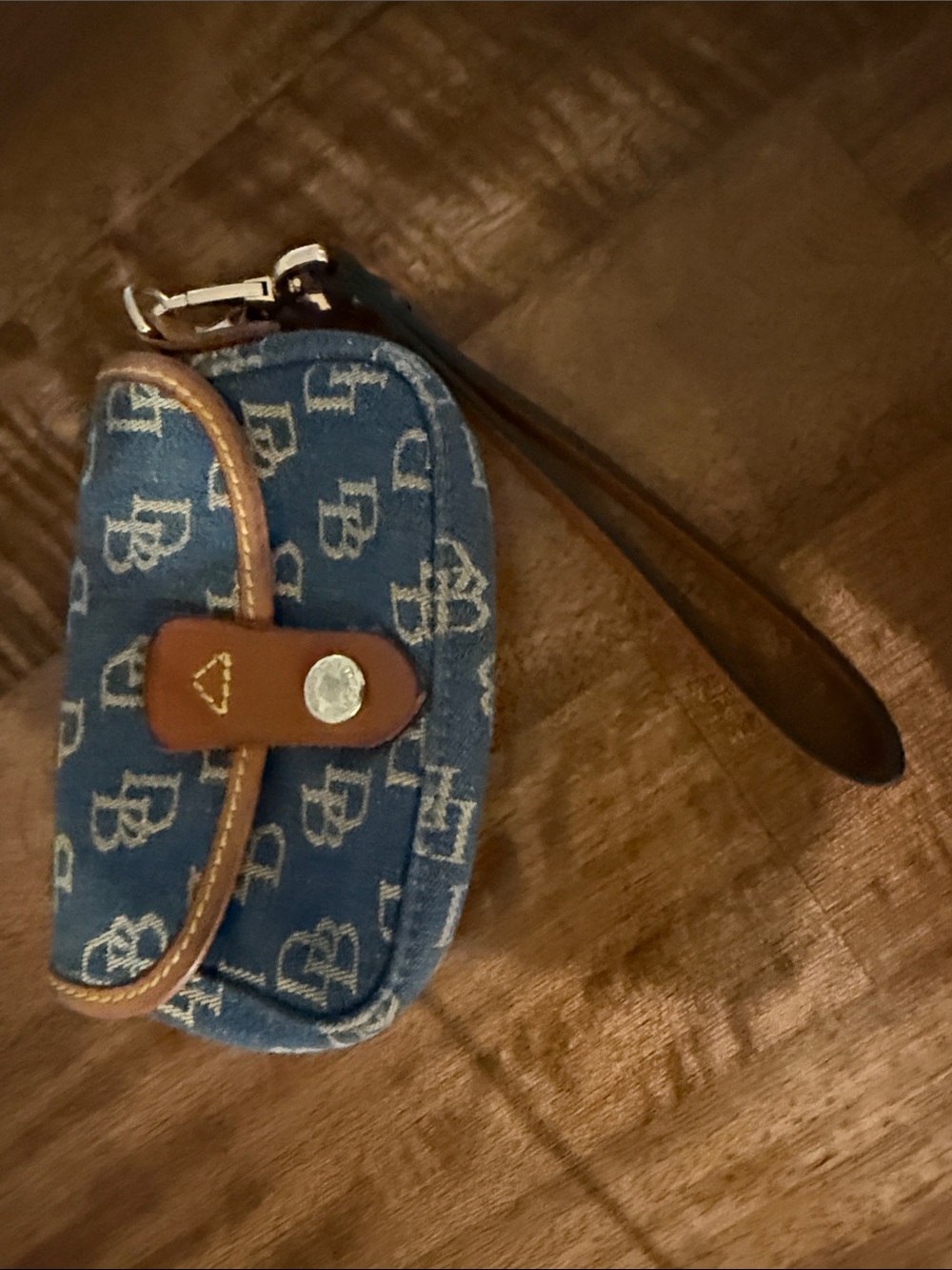 Dooney & Bourke Blue Denim Monogram Wristlet with Brown Trim - Picture 2 of 9